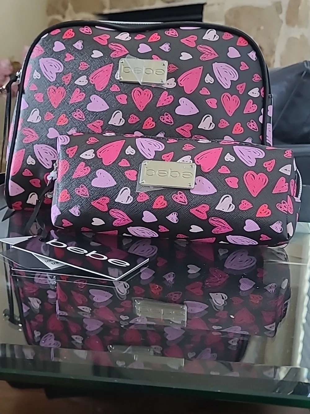 bebe Pink Heart Print Cosmetic Bag Set